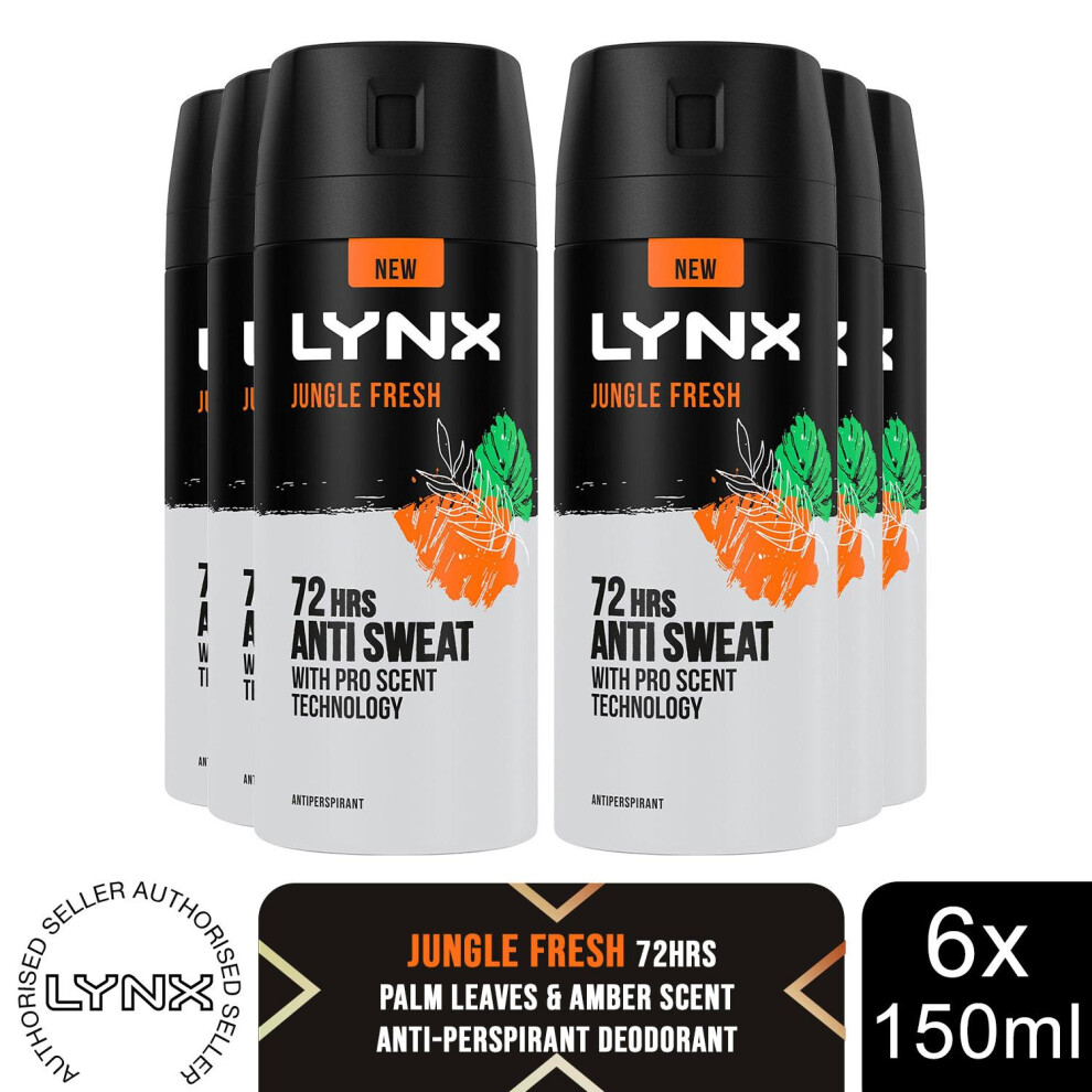 Lynx Jungle Fresh 72H Anti Perspirant Body Spray For Men, 6X150ml Amber