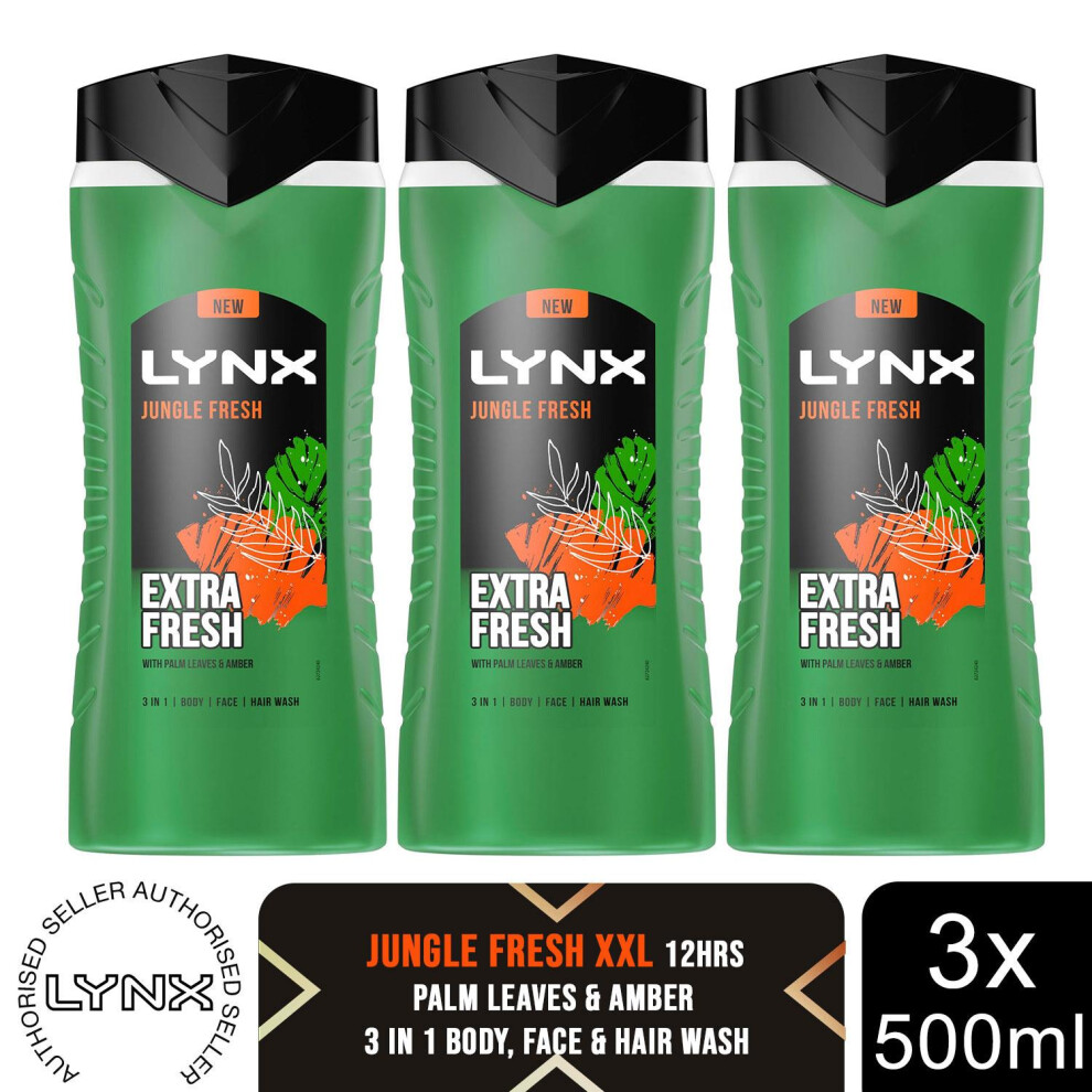 Lynx 3in1 Body, Face&Hair Wash Shower Gel Fresh Jungle Fresh 500ml 3pk