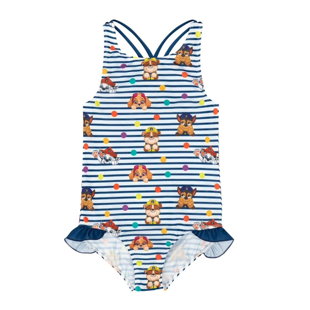 (5-6 Years, Navy/White) Paw Patrol Girls Striped One Piece Swimsuit