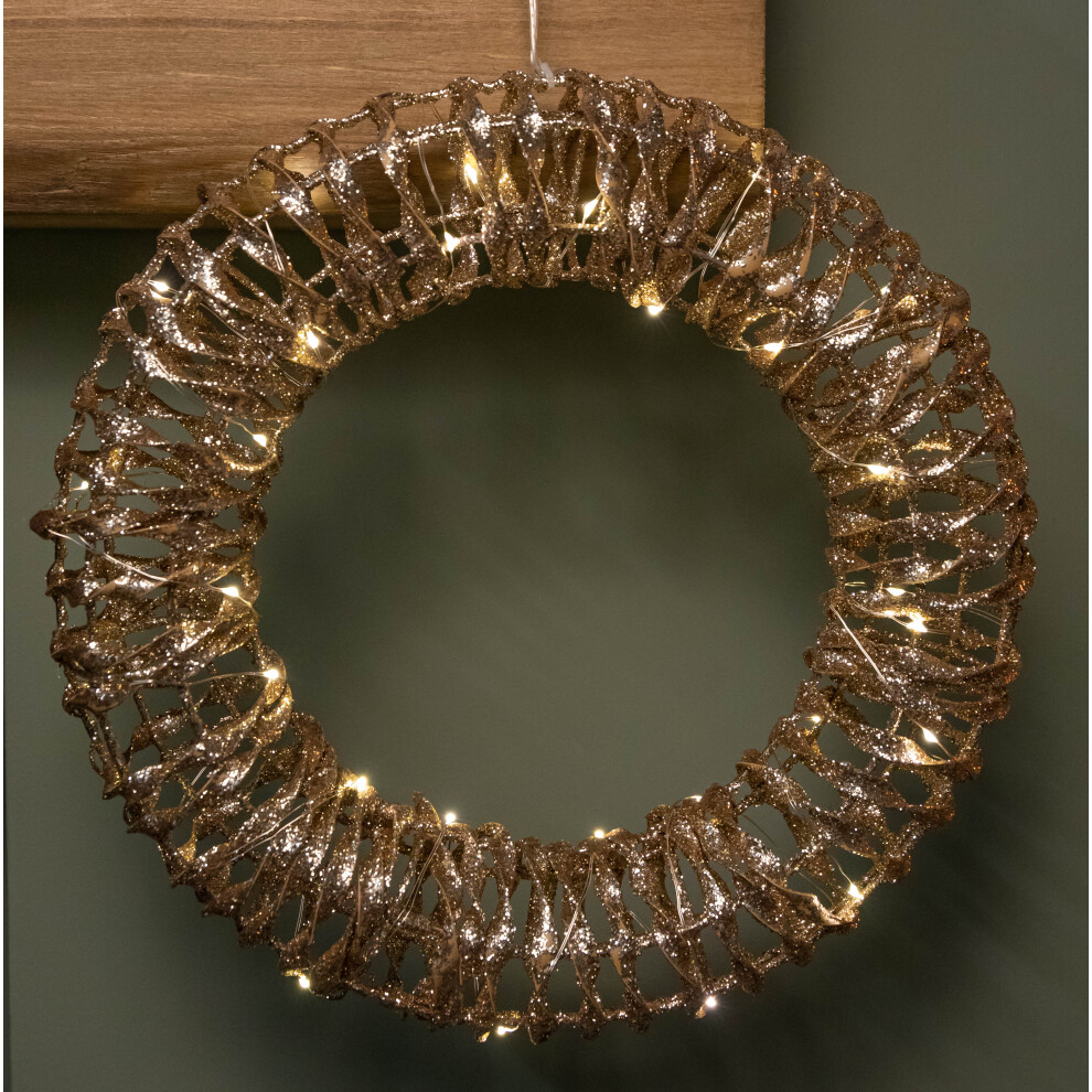 40cm Battery Operated Gold Glitter Christmas Wreath with Warm White LEDs