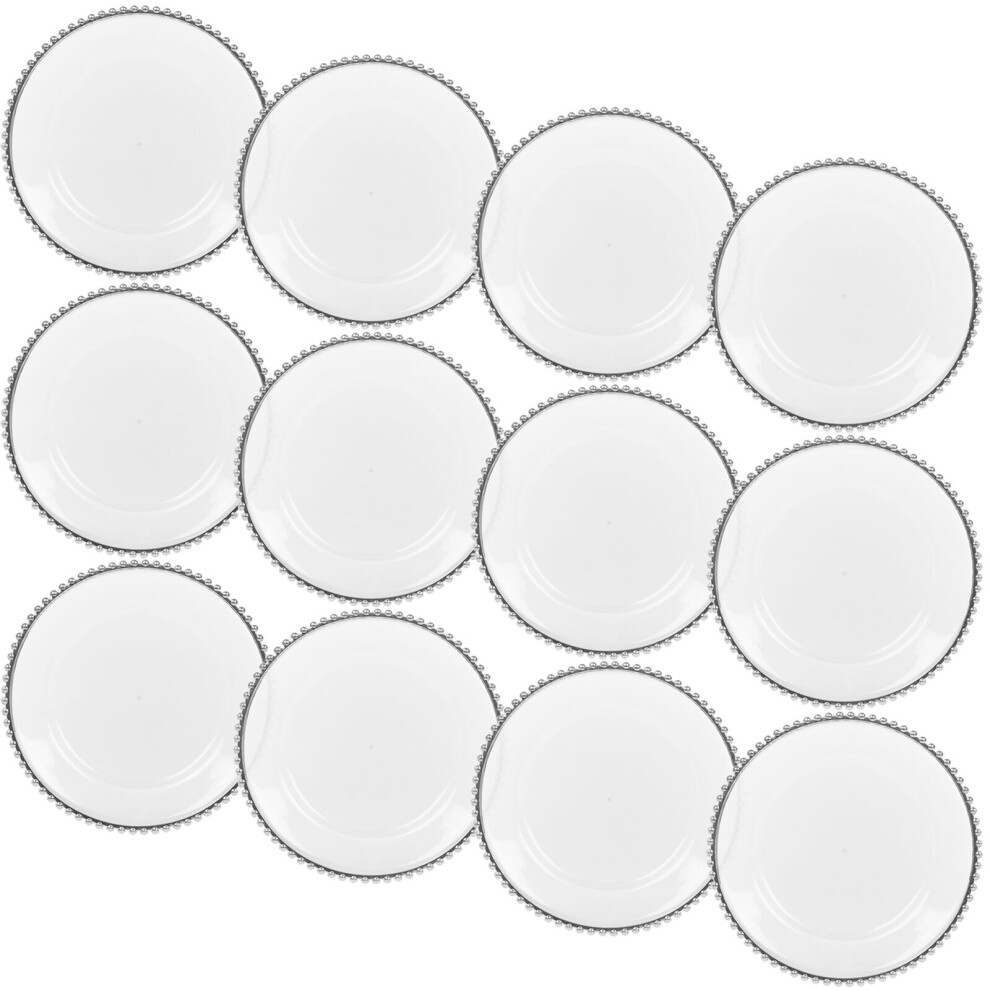 (12x Silver) 6/12 Pcs 32cm Clear Charger Plates Set with Metallic Beaded Coloured Rim Party Table