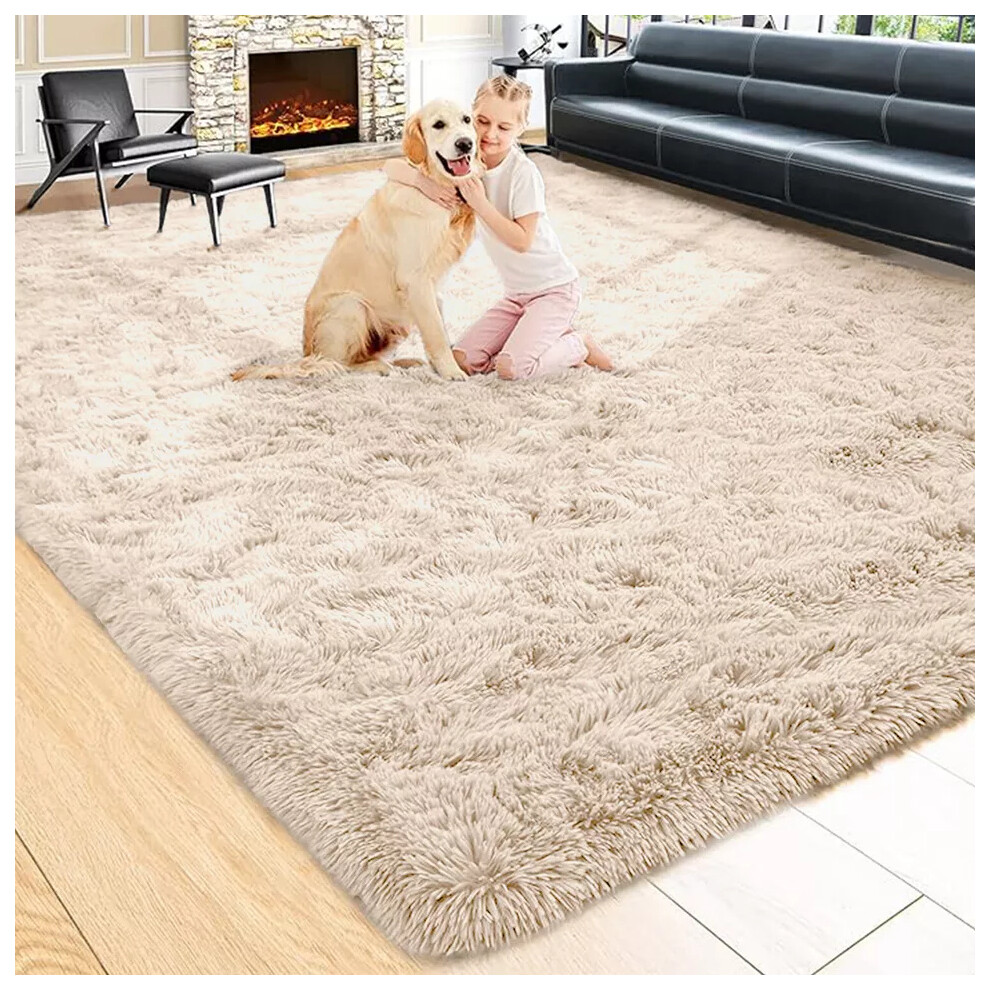 (BEIGE , 200 X 290 CM) LARGE SHAGGY FLUFFY RUG NON SLIP RUG AREA RUGS