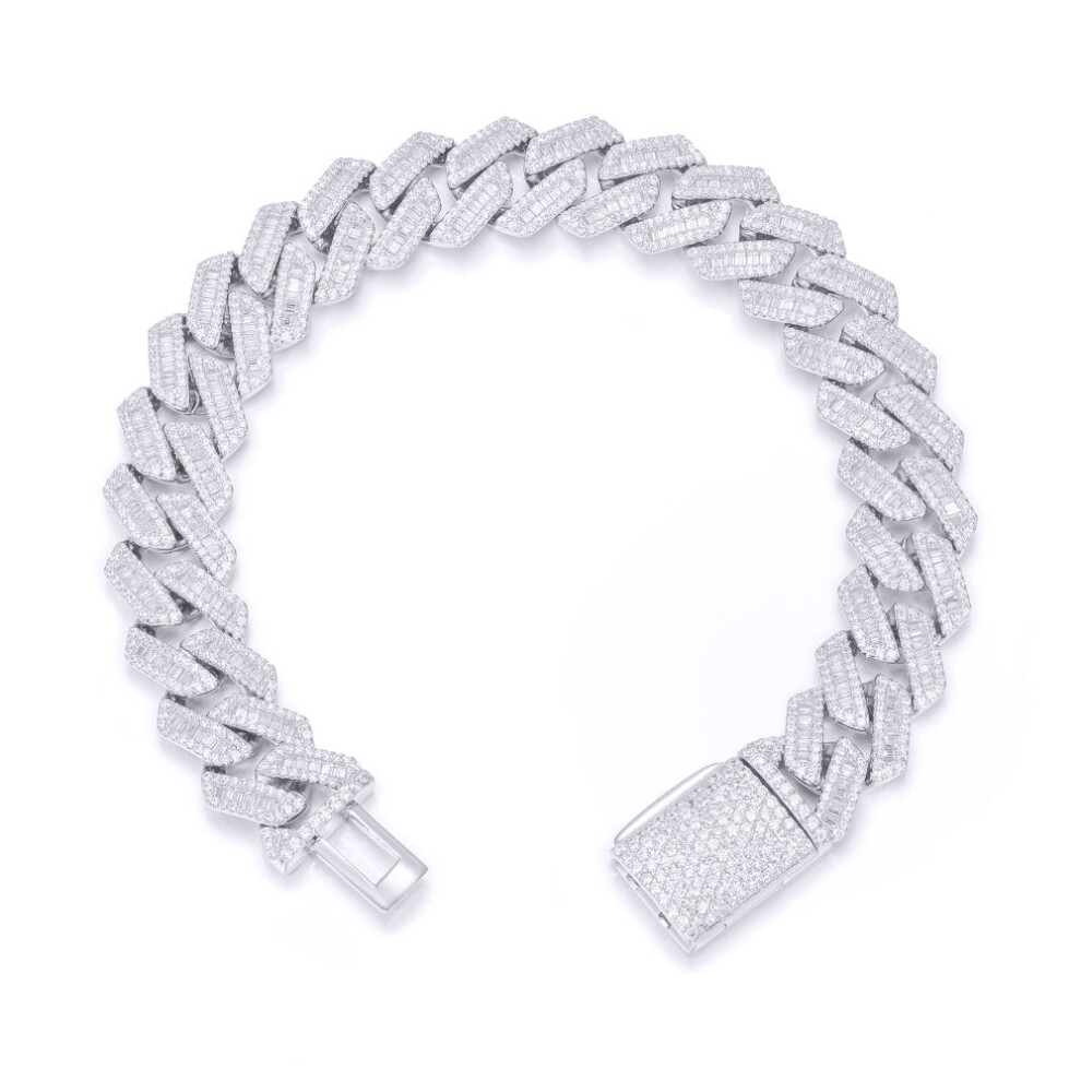 Jewelco London Rhodium Silver White Baguette CZ Encrusted Square Curb 12mm Chain Bracelet 1½oz - ABB203-7.5