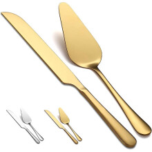 (Gold) 2pcs Wedding Cake Knife Server Set, Gold Stainless Steel Cake Cutting Set For Wedding