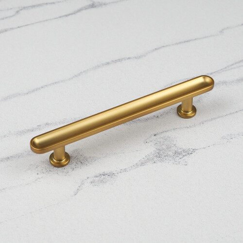 (128mm Handle) Brushed Brass Modern Grooved Cabinet Handles & Matching Knobs Pulls