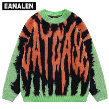 (L, Green) Harajuku Retro Green And Orange Knitted Sweater Men's Street Oversized Sweater Set Head Thick Sweater Grandpa Ugly Sweater Women