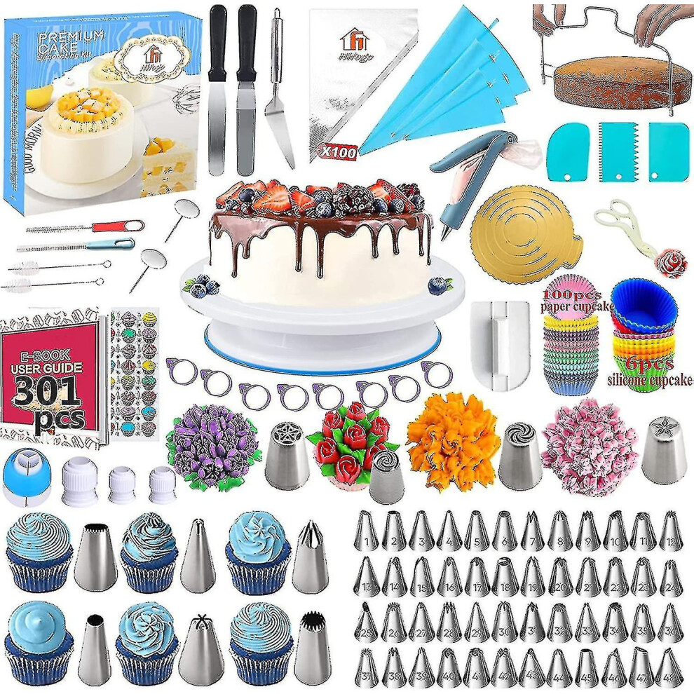 Professional Baking Kit 301 Pieces, Cake Turntable, Pastry Nozzles, Piping Bag, Cake Decorating Kits For Icing