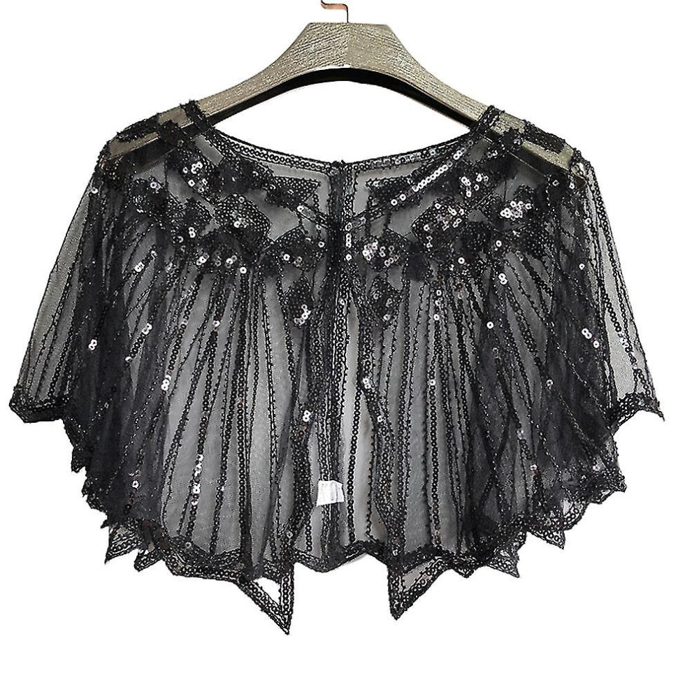 (Black) 1920S Women Party Cosplay Costume Shawl Wraps Sequin Beaded Evening Cape Bridal Shawl Bolero Black