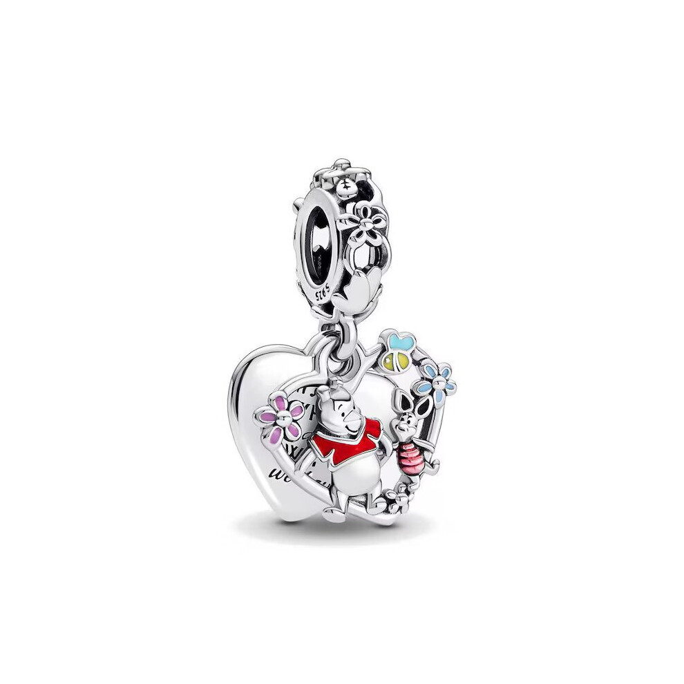 (Pooh and Piglet) S925 Sterling Silver Winnie the Pooh & Piglet Double Dangle, tiger, Bear, Sparkling Cat charm for women bracelet