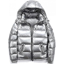 (L, Silver) Shiny Down Jacket Men"s Winter Jacket Stand-up Tie Hood Down Jacket