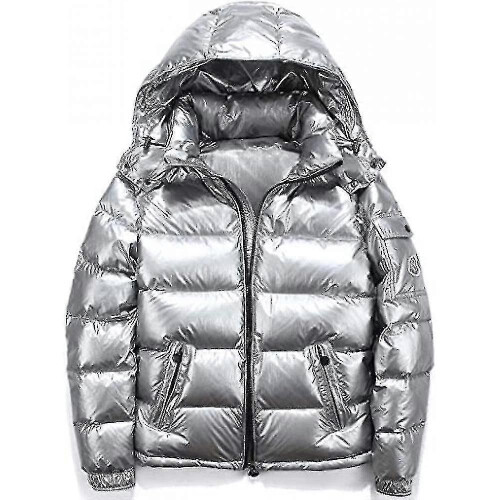 (L, Silver) Shiny Down Jacket Men"s Winter Jacket Stand-up Tie Hood Down Jacket
