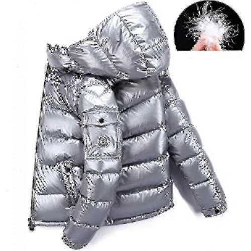 (L, Silver) Shiny Down Jacket Men"s Winter Jacket Stand-up Tie Hood Down Jacket 1