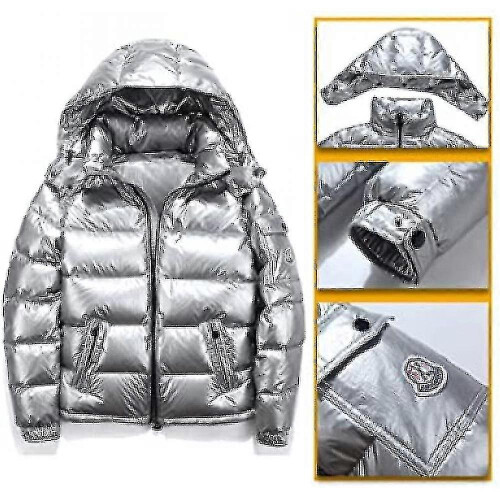 (L, Silver) Shiny Down Jacket Men"s Winter Jacket Stand-up Tie Hood Down Jacket 2