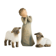Kleine Schäferin mit zwei Schafen – handbemalte 3-teilige Krippenfiguren aus Resin, Willow Tree-kompatibel