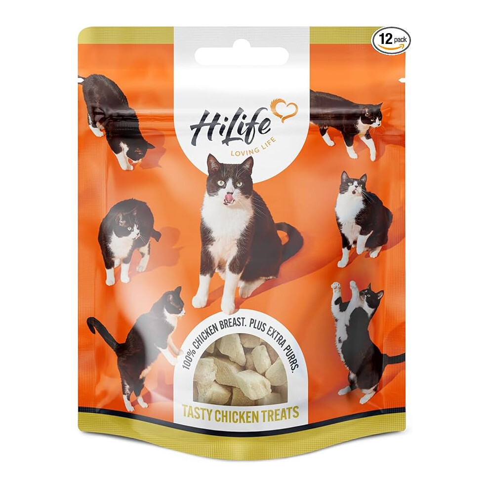 HiLife Chicken Breast Cat Treats Freeze Dried & Grain Free Chicken Treats Adult Cats Made Natural Ingredients Suitable Indoor & Outdoor 12 Bags x 10g