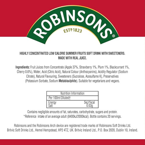 Robinsons Mini No Added Sugar Low Calorie Summer Fruits Makes 20 Drinks - Product Code: Drinks 2