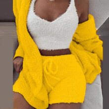 (Yellow, L) Women's Sexy Fuzzy 3 Piece Outfits Fleece Fluffy Warm Hooded Cardigan Crop Top Shorts Set Pajamas Lounge Sets Ladies Loungewear
