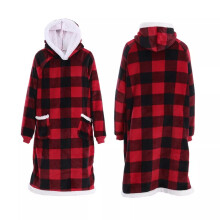 (Red Check(155CM)) Adults Extra Long Hoodie Blanket Oversized Soft Sherpa Fleece Giant Sweatshirt