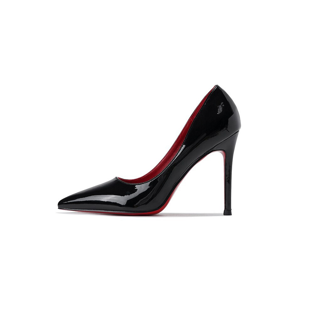 (10CM, 42) Ladies' new sexy pointed black high-heeled shoes with red soles high-heeled shoes