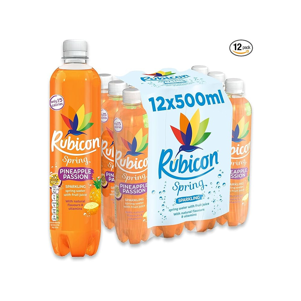 Rubicon Spring 12 Pack Pineapple Passion Sparkling Spring Water with Real Fruit Juice Natural Flavours Only 15 Calories 12 x 500ml Multipack Bottles