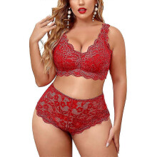 (XL, Red) Plus Size Women Lace See Through Lingerie Bra High Waist Briefs Underwear Nightwear Sleepwear