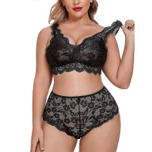 (XL, Black) Plus Size Women Lace See Through Lingerie Bra High Waist Briefs Underwear Nightwear Sleepwear