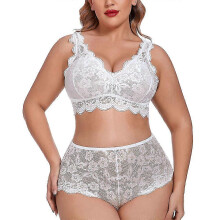 (XL, White) Plus Size Women Lace See Through Lingerie Bra High Waist Briefs Underwear Nightwear Sleepwear