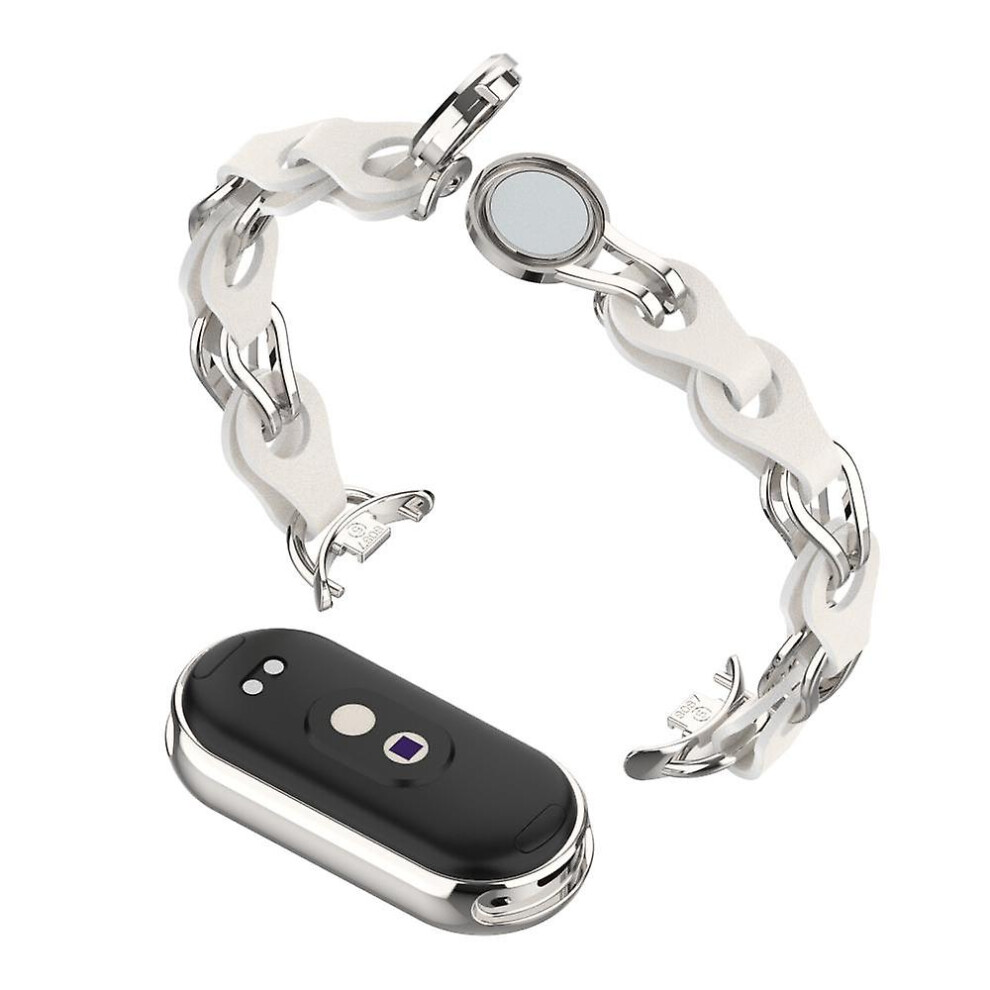 (White) For Xiaomi Smart Band 8 Magnetic Watch Band Genuine Cow Leather Aluminum Alloy Chain Bracelet White 7364070356836