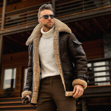 (XXL, black) Men's Winter Pilot Flight Faux Fur Shearling Leather Jacket Warm Coat High Quality