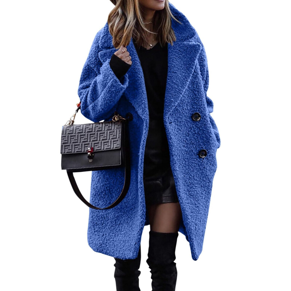 (Royal Blue, 18) Women Warm Teddy Bear Long Winter Coat Fleece Fur Jacket Outwear Parka Plus Size