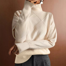 (Beige, UK Size 12=Tag Size M) Ladies Roll Neck Sweater Womens Chunky Cable Knitted Jumper Pullover Warm Tops