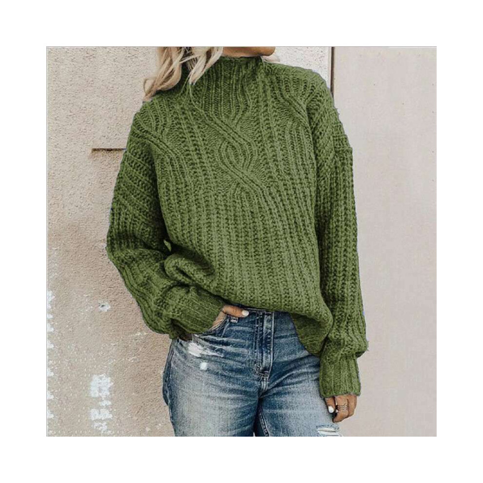 (Green, L) Women's long Leeve sweater high collar sleeve long knitted loose Pullover