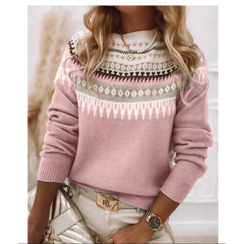 (Pink, XL) New Sweater Women'sRound Neck Colorblock Loose Fashion Pullover Knitted Cardigan