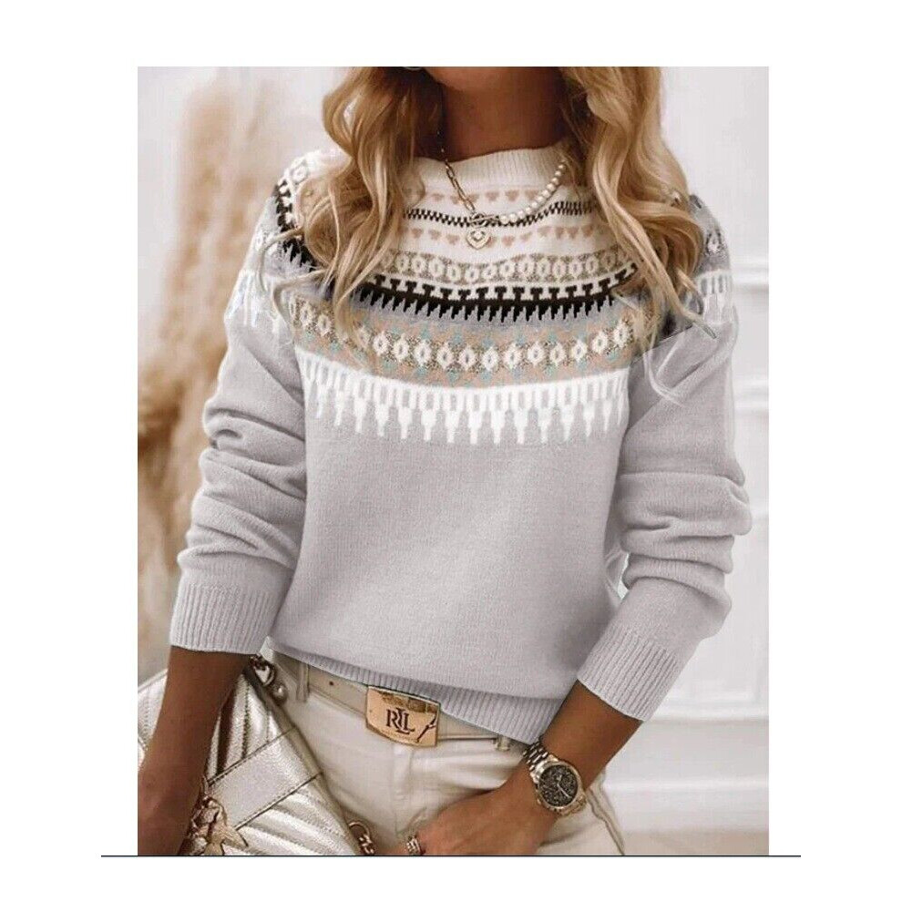 (Light Grey, XL) New Sweater Women'sRound Neck Colorblock Loose Fashion Pullover Knitted Cardigan