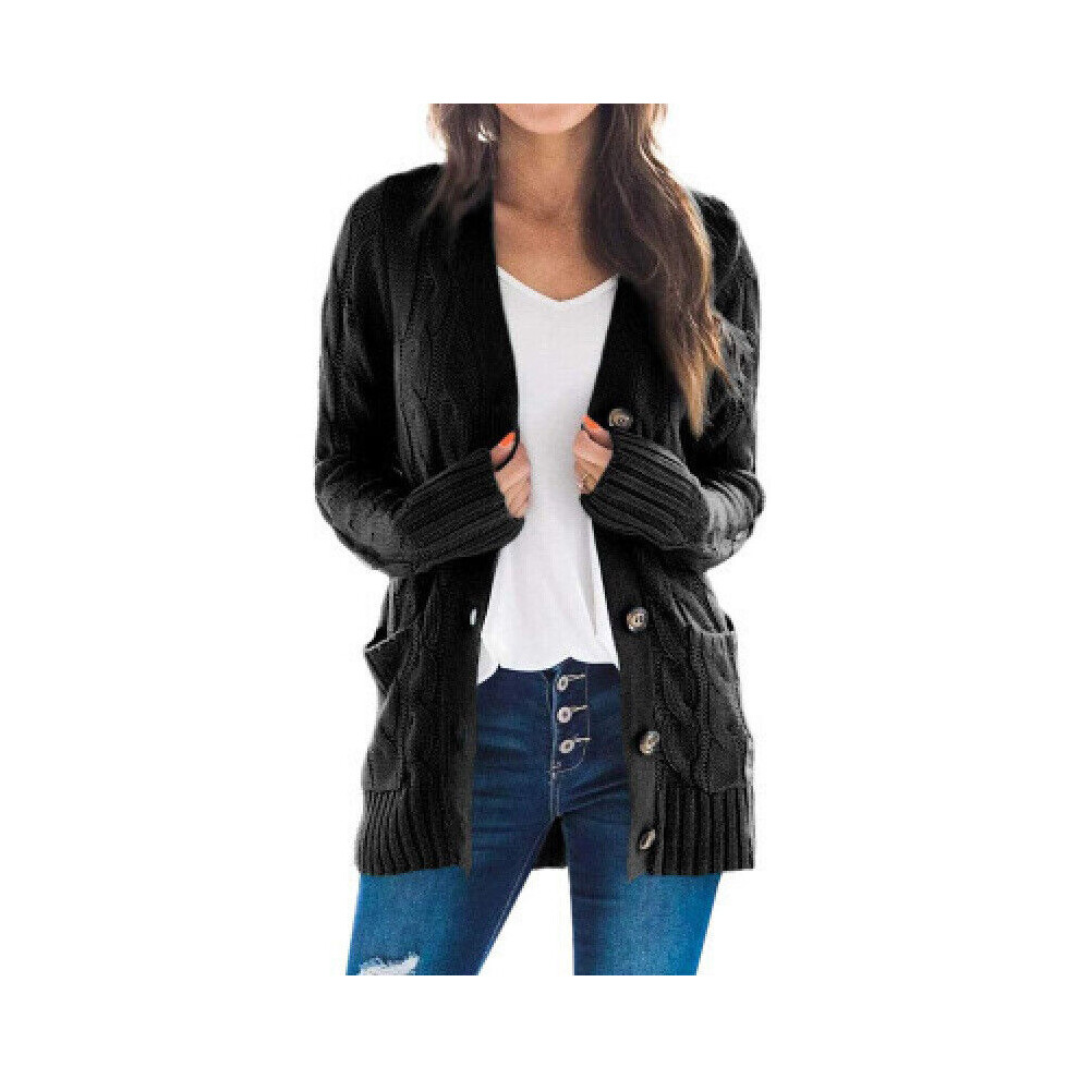 (Black, UK Size 12=Tag Size L) Women Long Sleeve Cardigan Sweater Ladies Work Warm Chunky Knitted Cozy Outwear