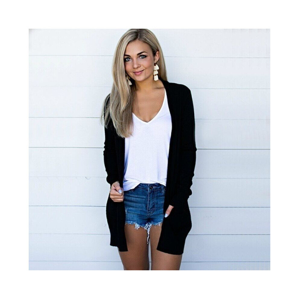 (Black, UK 16) Ladies Long Sleeve Casual Cardigan Tops Womens Blouse Open Front Coat Plus Size