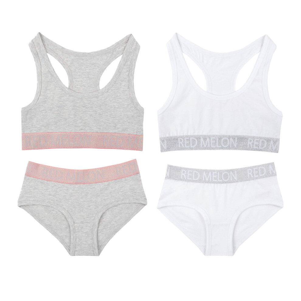 (White & Grey, 7-8 Years) Metzuyan Girls Crop Top Training Bra & Knickers Pants Glitter 2 Pack Set-image-OPC-PFRXP2G-NEW