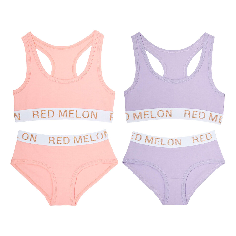 (Purple & Coral, 7-8 Years) Metzuyan Girls Crop Top Training Bra & Knickers Pants Glitter 2 Pack Set-image-OPC-PFRXP56-NEW