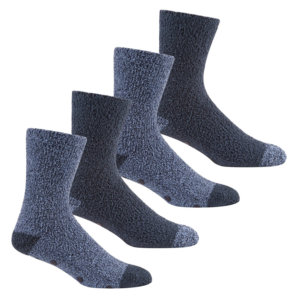 (Navy 4 Pack, UK 6-11/US 7-12) Metzuyan 2 Pack Mens Fluffy Bed Slipper 4 Pairs Socks Non-Slip Grippers Anti Skid Grips Black Navy Grey Graphite Stripe