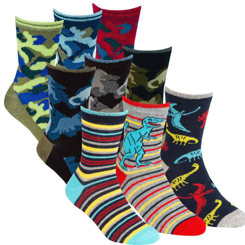 (9 Pairs Camo Red Green Dino, 6 - 8.5) Metzuyan 9 Pairs Boys Novelty Cotton Socks Dinosaurs Skulls Sharks Camo Camuflage Pizza Hotdog Dino 6-8.5 9-12-image-OPC-PFRXS56-NEW