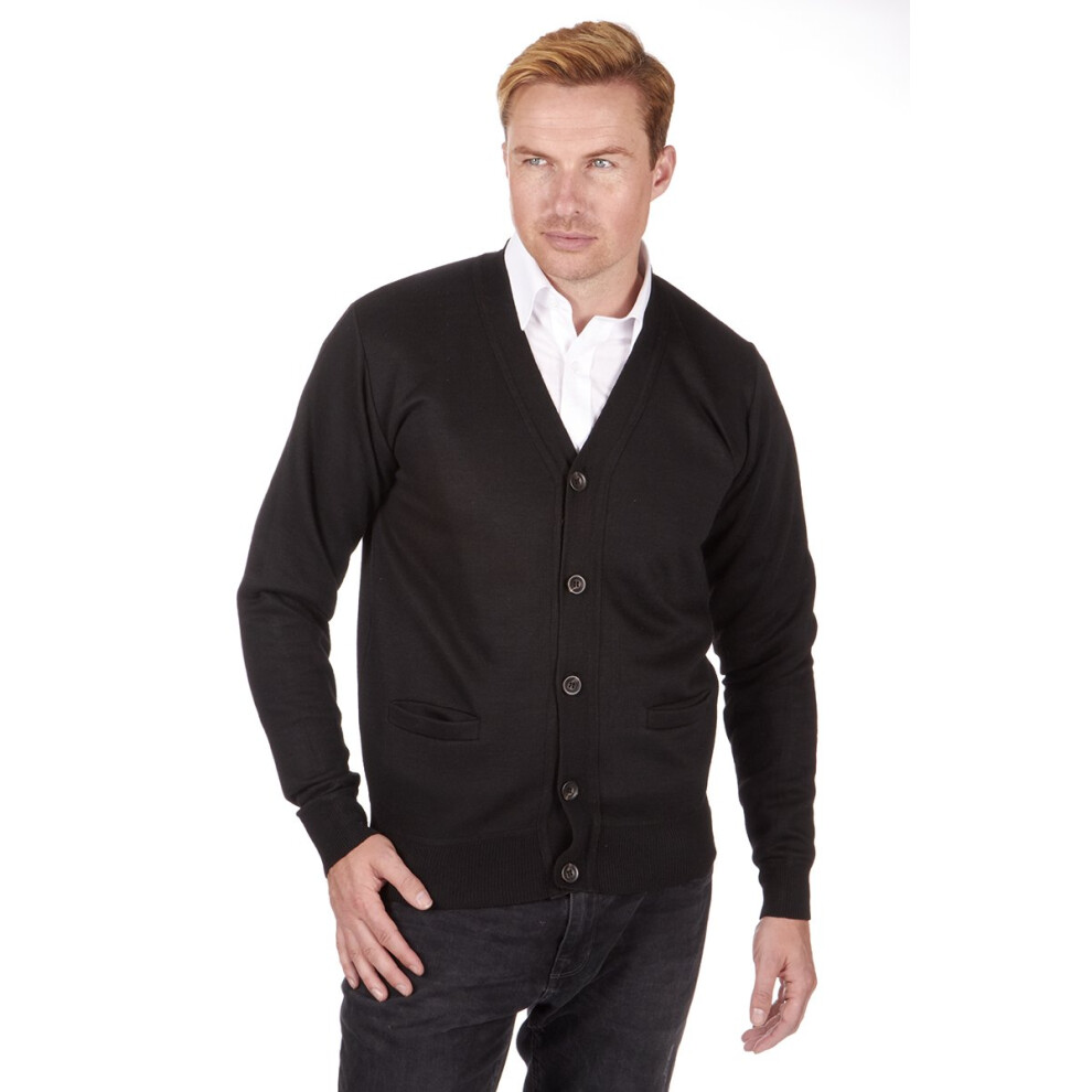 (Black, L) Pierre Roche Men'S Knitted V Neck Shawl Collar Buttoned Cardigan