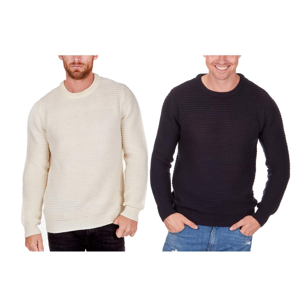 (Ecru & Navy Ribbed 2-pack, XL) Metzuyan Mens Jumper Ribbed Weaved Knit Crew Neck Casual-image-OPC-PFRXYBY-NEW