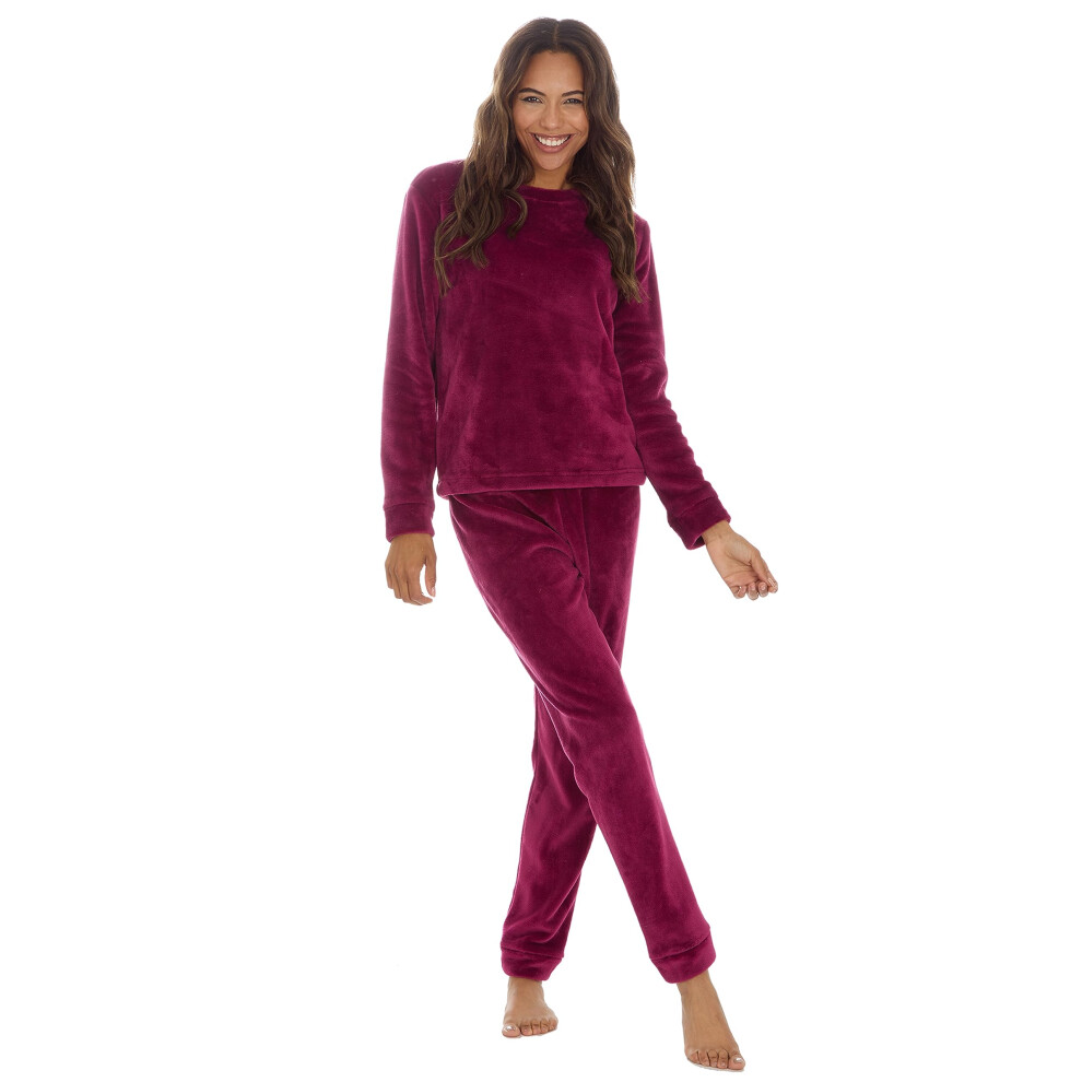 (Burgundy - Fleece, M) Metzuyan Ladies Plush Fleece Or Crushed Velvet Two Piece Co-Ord Pyjama Set Size S-Xl