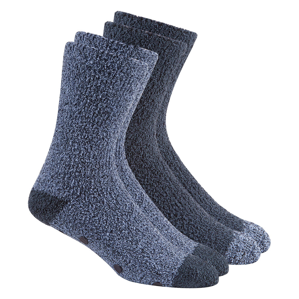 (Navy, UK 6-11) 2 Pairs Mens Fluffy Gripper Cosy Socks Super Soft Non Slip Warm Thermal Bed Sock Anti Slip Grips Black Navy Grey Stripe Gents Junior S