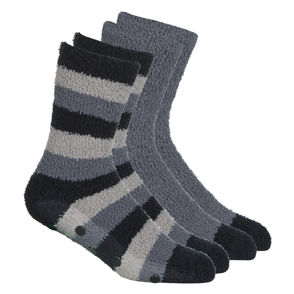 (Graphite, UK 6-11) 2 Pairs Mens Fluffy Gripper Cosy Socks Super Soft Non Slip Warm Thermal Bed Sock Anti Slip Grips Black Navy Grey Stripe Gents Juni