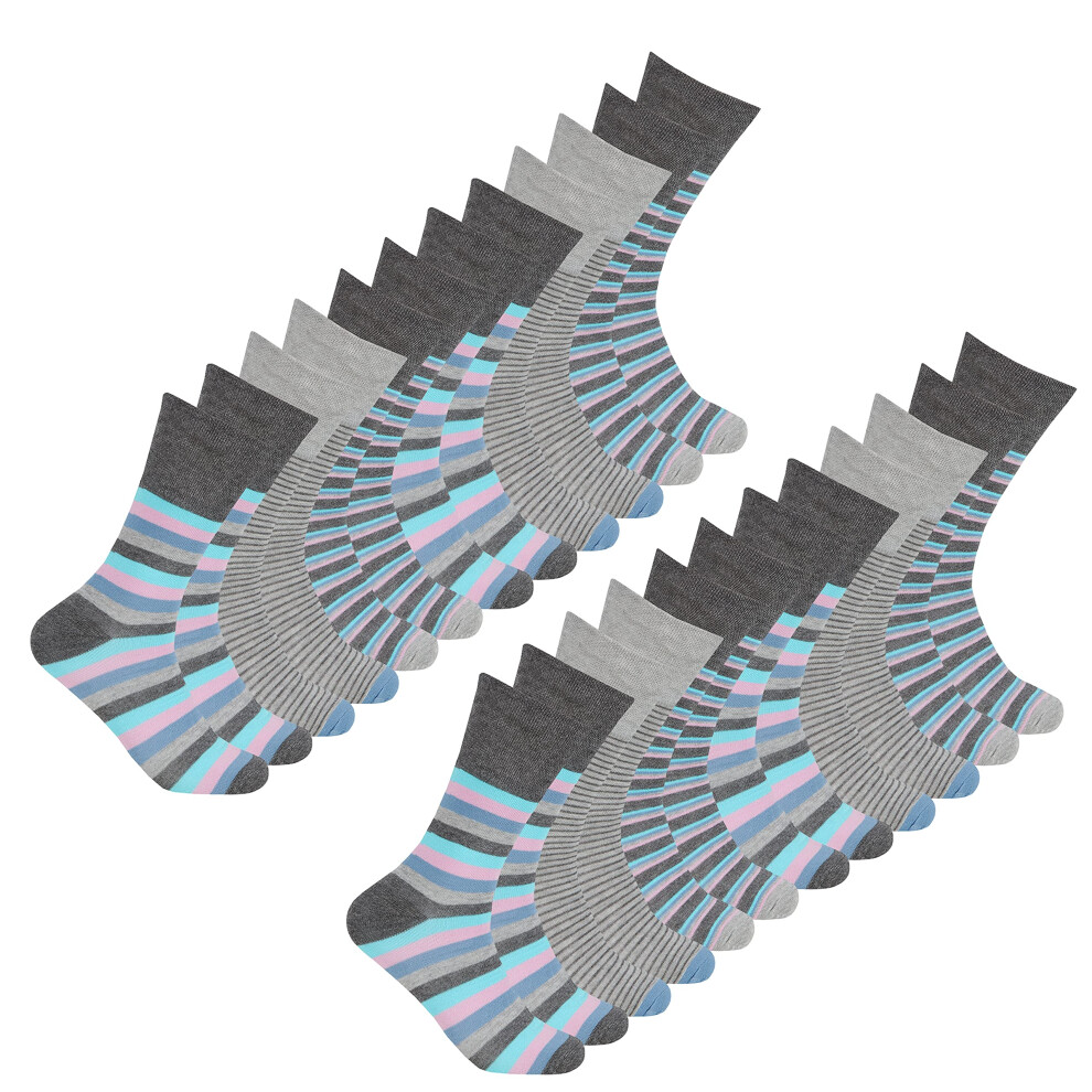 (12 Pairs - Grey Striped) Metzuyan Womens Ladies Loose Top Non Elastic Bamboo Socks Diabetics Gentle Antibacterial Hypoallergenic Soft Size Uk 4-8-image-OPC-PFRY955-NEW