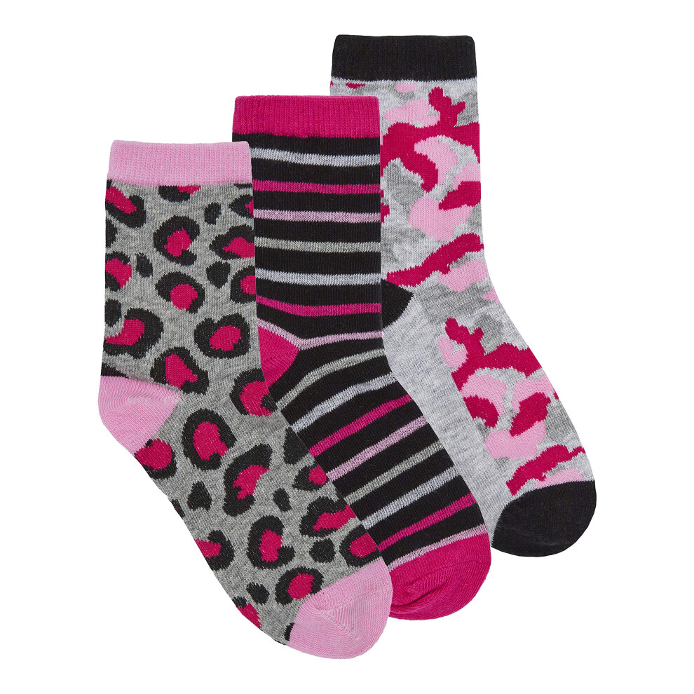 (Pink Camo - 3 Pairs, 9-12) Metzuyan Kids Girls 3 Pairs Cartoon Character Cotton Rich Crew Socks Sizes 6-8.5 9-12 12.5-3.5-image-OPC-PFRYG5D-NEW