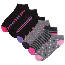 (Grey & Black 6 Pairs, UK 4-8) Red Tag Ladies Trainer Liner Sport Socks Plain Patterned Black Cotton Rich Size 4-8