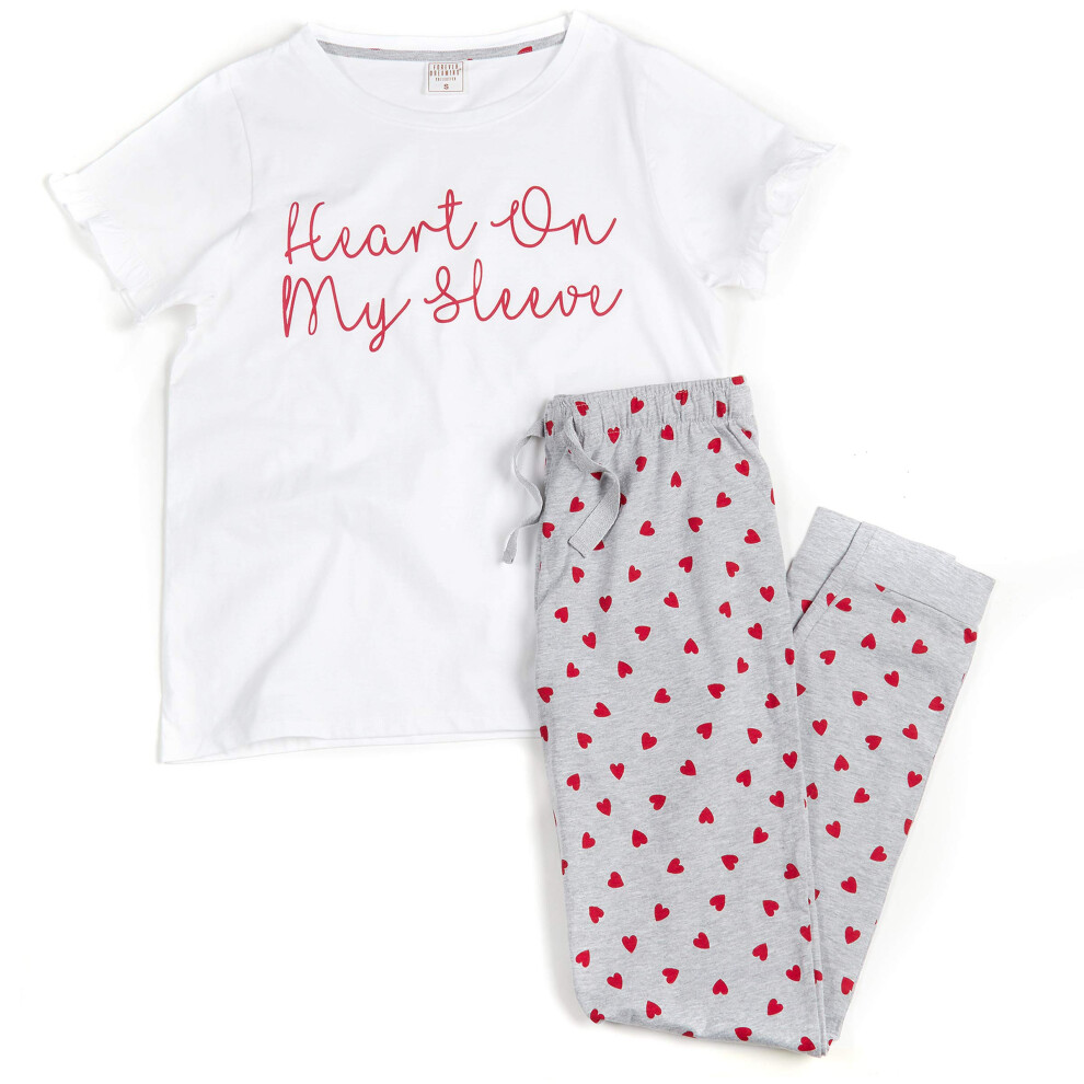 (White, L) Womens Ladies Hearts Printed Short Sleeved Pyjama Pajmas Pjs Set Sizes Small Medium Large X-Large S M L Xl