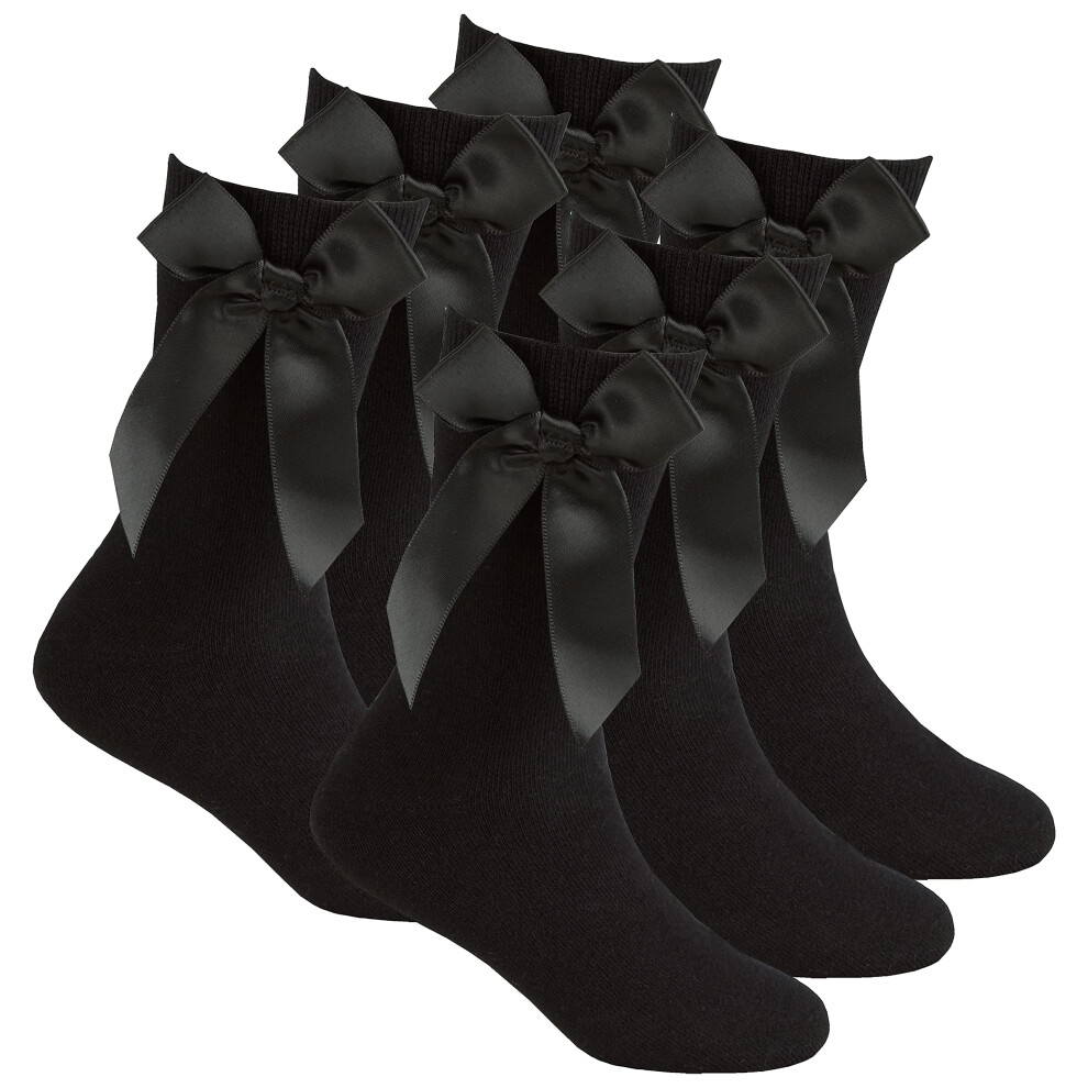 (Black, 6-8.5) 3 Pairs Girls Black School Socks With Bows Cotton Size 6-8 9-12 12-3 4-5 Kids Uniform Bundle Crew Mid Calf Everyday Plain Childrens